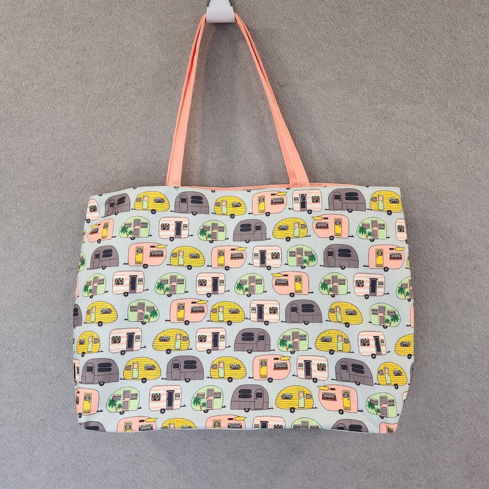 Large Camping Travel‎ Trailers Tote Bag Blue Peach 18x14